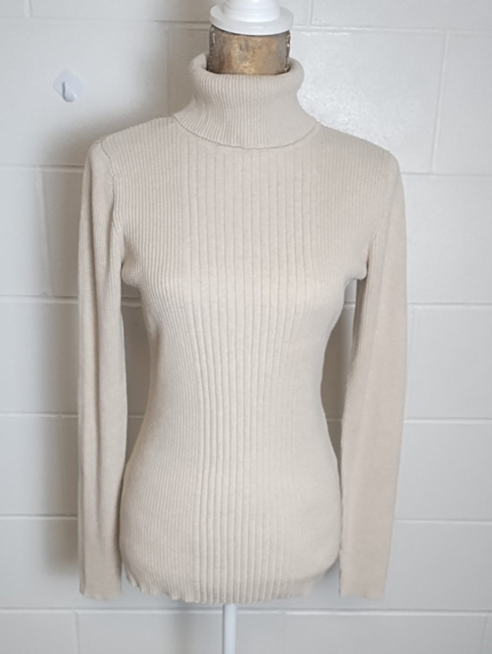 Ruff Hewn Ribbed 100% Cotton Turtleneck Sweater Cream Beige Large